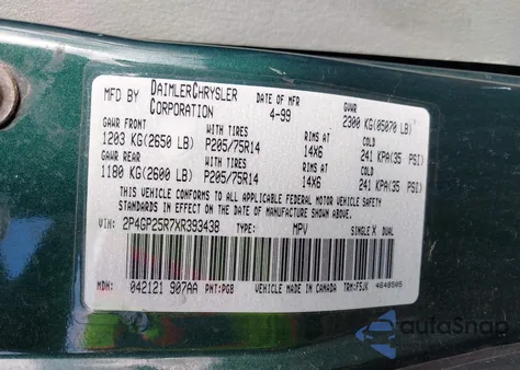 1999 Plymouth Grand Voyager z USA, uszkodzony, nr VIN 2P4GP24R7XR393438